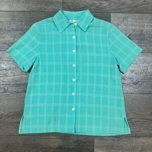 Vintage 90s The TOG Shop Petites Turquoise Button Up Blouse - Women's Size 8P
